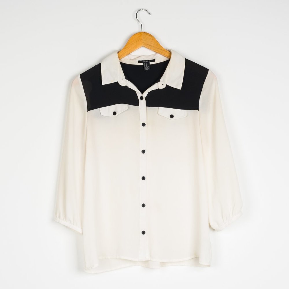 Women's Forever 21 2-Tone Sheer Button Down Blouse size Medium